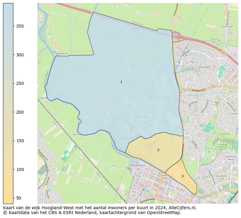 kaart van de wijk Hoogland-West met het aantal inwoners